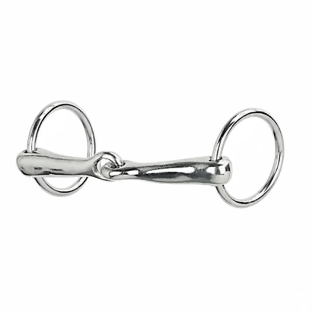 Polished Weaver Leather Nickel Plated Steel Pony Ring Snaffle Bit featuring a 4.5-inch single-jointed mouthpiece and 1.75-inch loose rings. This durable silver bit is essential pony tack for training and everyday riding, offering a classic look and reliable performance for young riders and small horses.
