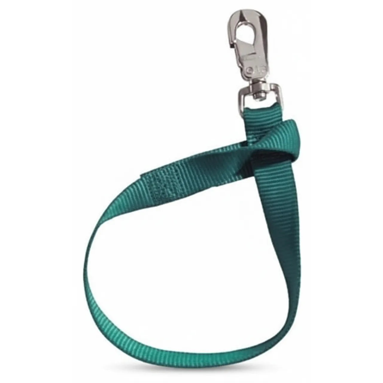Durable Hunter Green Weaver Leather Nylon Bucket Strap (1" x 22") featuring a Half Twist Loop and a heavy-duty silver snap hook. Ideal for hanging horse feed or water buckets securely in the stall or trailer. This high-quality, weather-resistant nylon webbing is an essential equestrian barn accessory for stable organization and management.