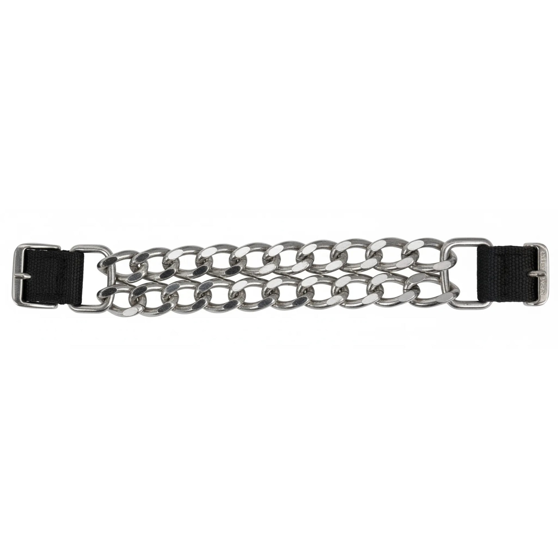 Weaver Leather horse curb strap featuring a double row of flat link chrome chain measuring 4.5 inches. The 5/8 inch black nylon straps include sturdy silver-toned buckles for easy adjustment. This durable equestrian accessory provides precise control and a professional look for western riding bits. Ideal for riders seeking high-quality horse tack with a classic chrome and black aesthetic.