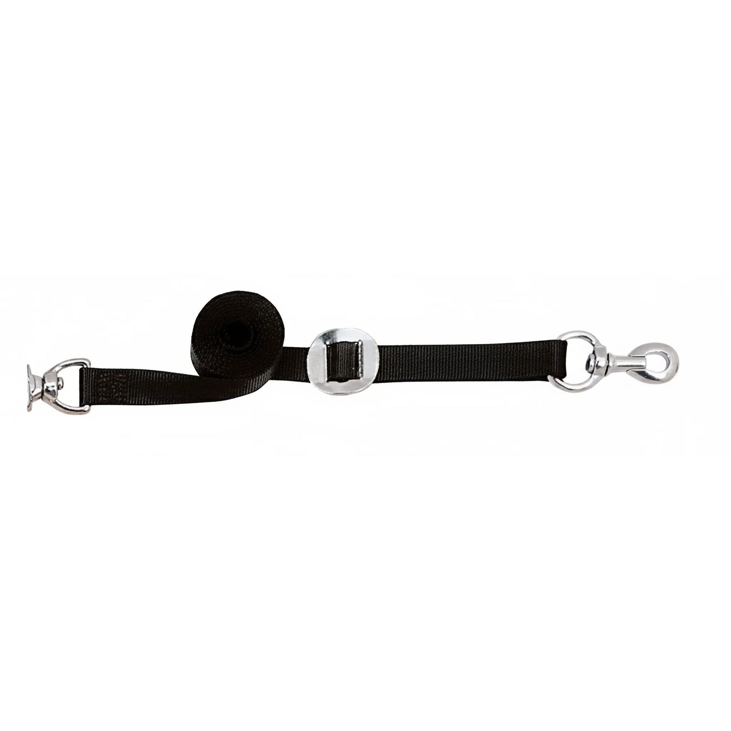 Weaver Leather adjustable black nylon horse cross tie featuring a quick-release panic snap and swivel snap for safety and convenience. Designed for use in barns and wash stalls, this durable equestrian grooming gear adjusts from 3' to 6'. High-quality silver hardware and heavy-duty webbing make it a must-have for safe horse handling and stable organization. Ideal for horse grooming kits and professional stable equipment.