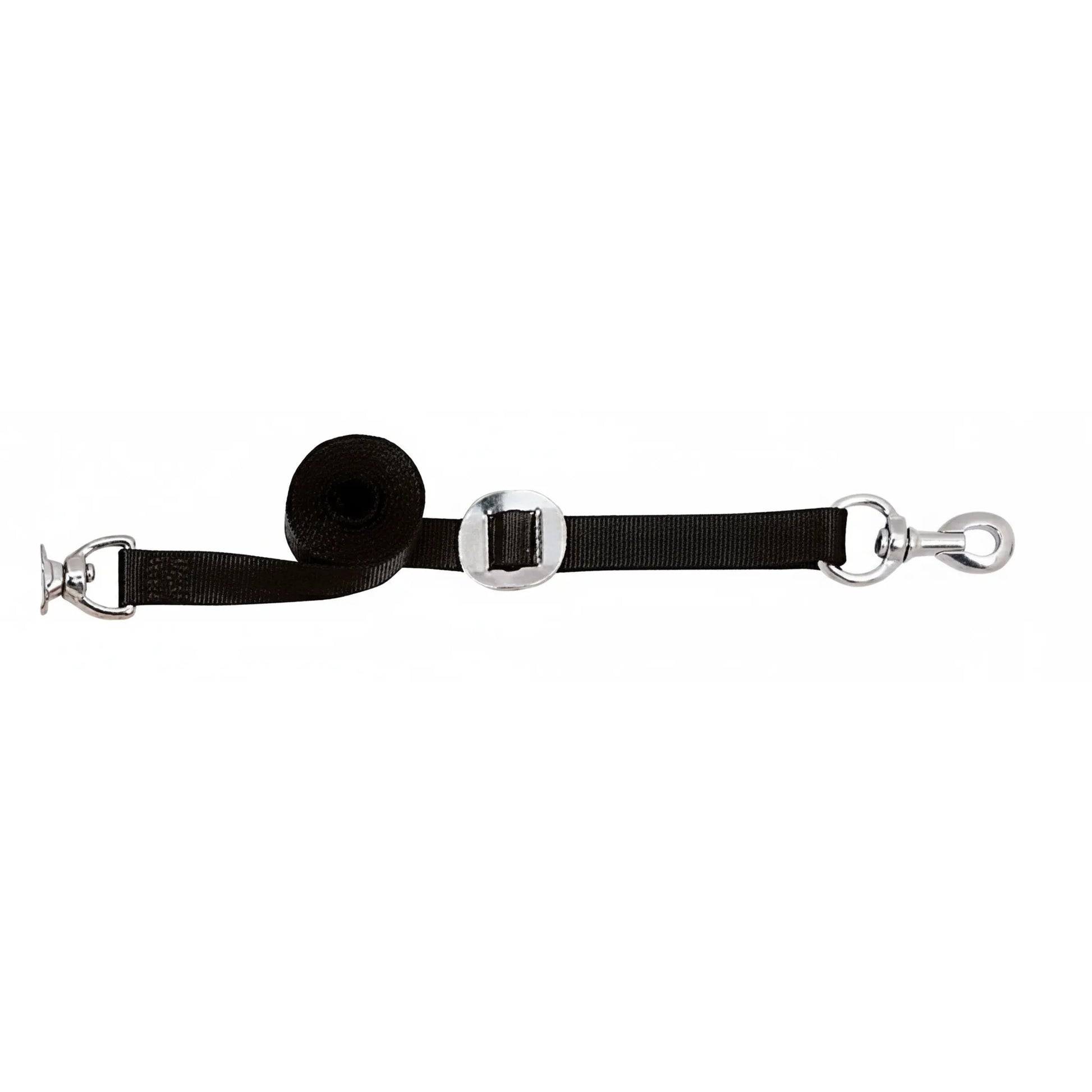 Weaver Leather adjustable black nylon horse cross tie featuring a quick-release panic snap and swivel snap for safety and convenience. Designed for use in barns and wash stalls, this durable equestrian grooming gear adjusts from 3' to 6'. High-quality silver hardware and heavy-duty webbing make it a must-have for safe horse handling and stable organization. Ideal for horse grooming kits and professional stable equipment.