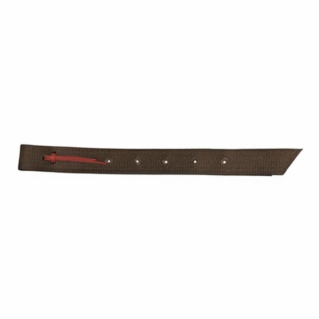 Durable brown nylon off billet by Weaver Leather, measuring 1-3/4" x 39". This western horse tack essential features five pre-punched adjustment holes and a burgundy latigo leather tie for secure fastening. Perfect for horse owners looking for reliable, high-quality saddle accessories for their riding equipment.
