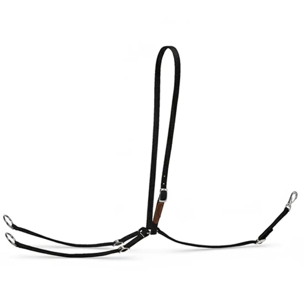Weaver Leather Nylon Running Martingale in black, featuring a 3/4" width and durable nickel-plated hardware. This adjustable horse training aid includes a neck strap with buckle, two ring-ended forks for reins, and a girth strap with a snap hook. Perfect for English riding and horse control, this high-quality tack is essential for any equestrian's collection.