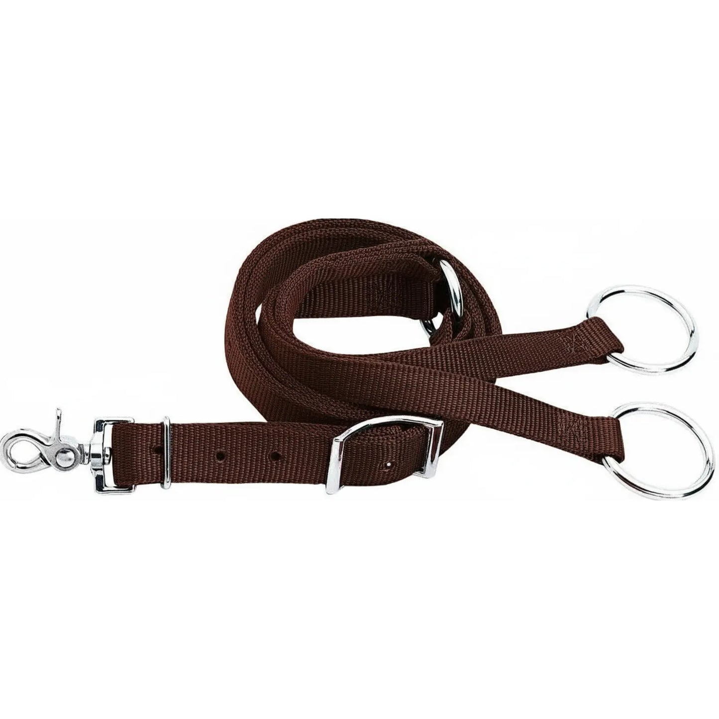 Weaver Leather Brown Nylon Training Fork featuring 1-3/4 inch nickel-plated rings and a secure swivel snap. This adjustable equestrian horse tack is designed for precision training and control. Made from durable brown webbing with high-quality silver hardware, it’s a must-have piece of horse equipment for professional trainers and riders looking for reliable running martingale attachments.