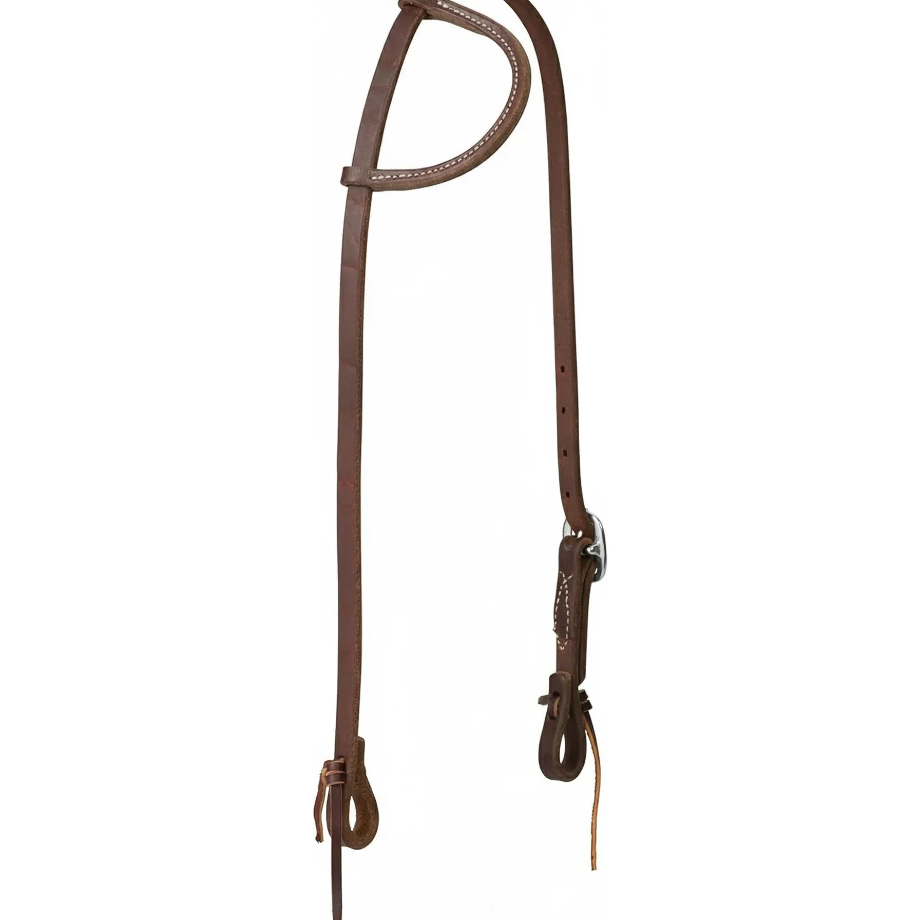 Weaver Leather Oiled Canyon Rose Sliding Ear Headstall featuring rich, deep brown oiled leather. This western horse headstall showcases a single sliding ear loop with elegant white contrast stitching and durable latigo lace bit ends. Perfect for western performance or trail riding, this high-quality leather tack combines classic style with rugged durability for any equestrian's collection.