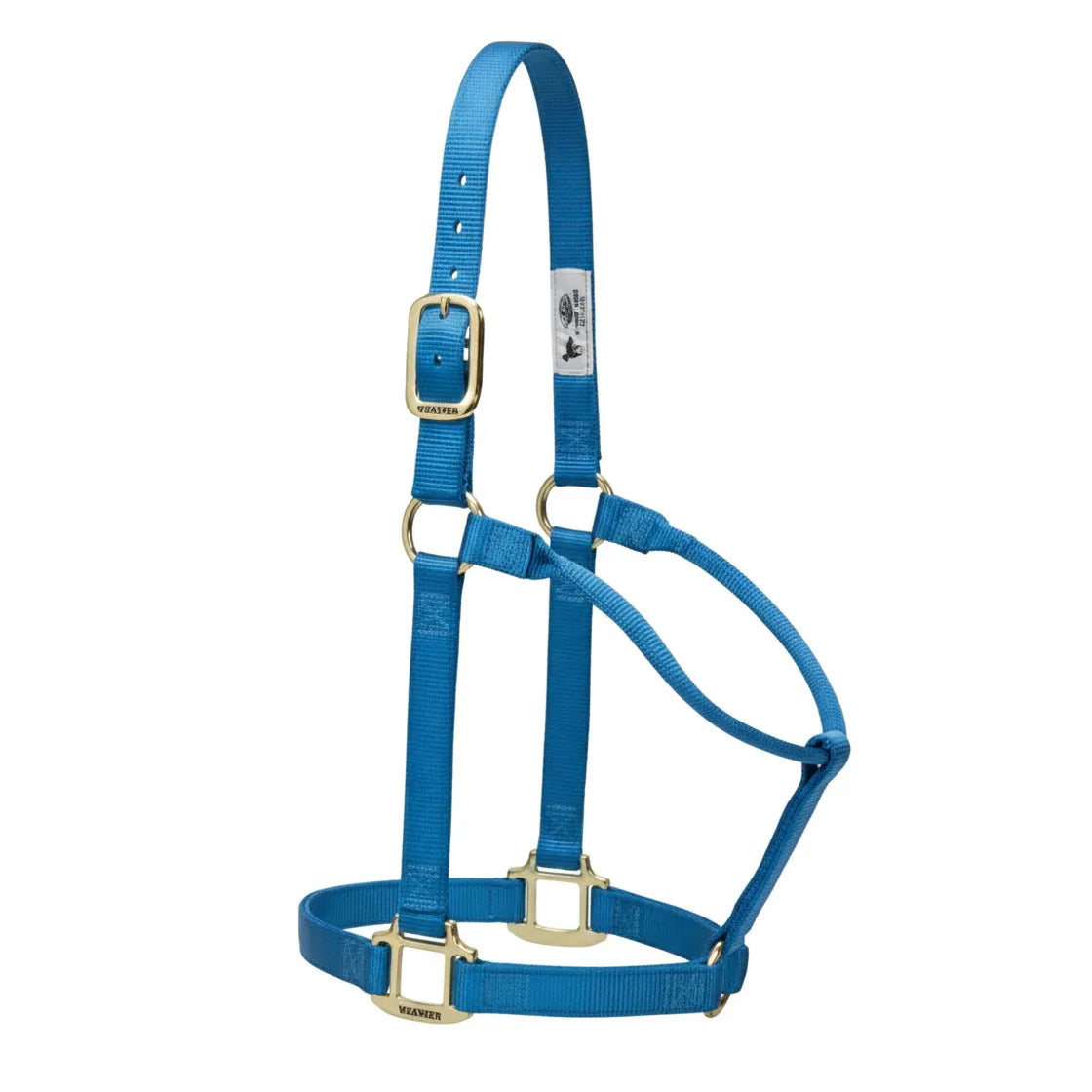 Weaver Leather Original 1" Nylon Halter in vibrant blue, featuring a comfortable rolled throat design. Built with durable triple-ply nylon and sturdy brass-plated hardware, this premium horse halter includes heat-sealed buckle holes and an adjustable crown strap. A reliable, stylish choice for equestrian daily use, training, or turnout. High-quality horse tack designed for long-lasting performance and a secure, comfortable fit.