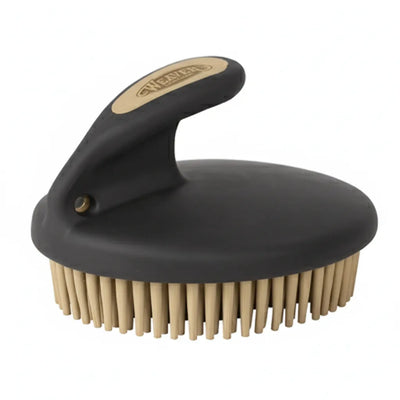Weaver Leather Palm Curry Comb featuring an ergonomic black handle with a tan logo inlay and durable tan flexible bristles. This high-quality horse grooming tool is designed to reduce hand fatigue while efficiently cleaning and massaging a horse's coat. The oval design and comfortable grip make it an essential addition to any grooming kit for daily care, mud removal, or bathing.