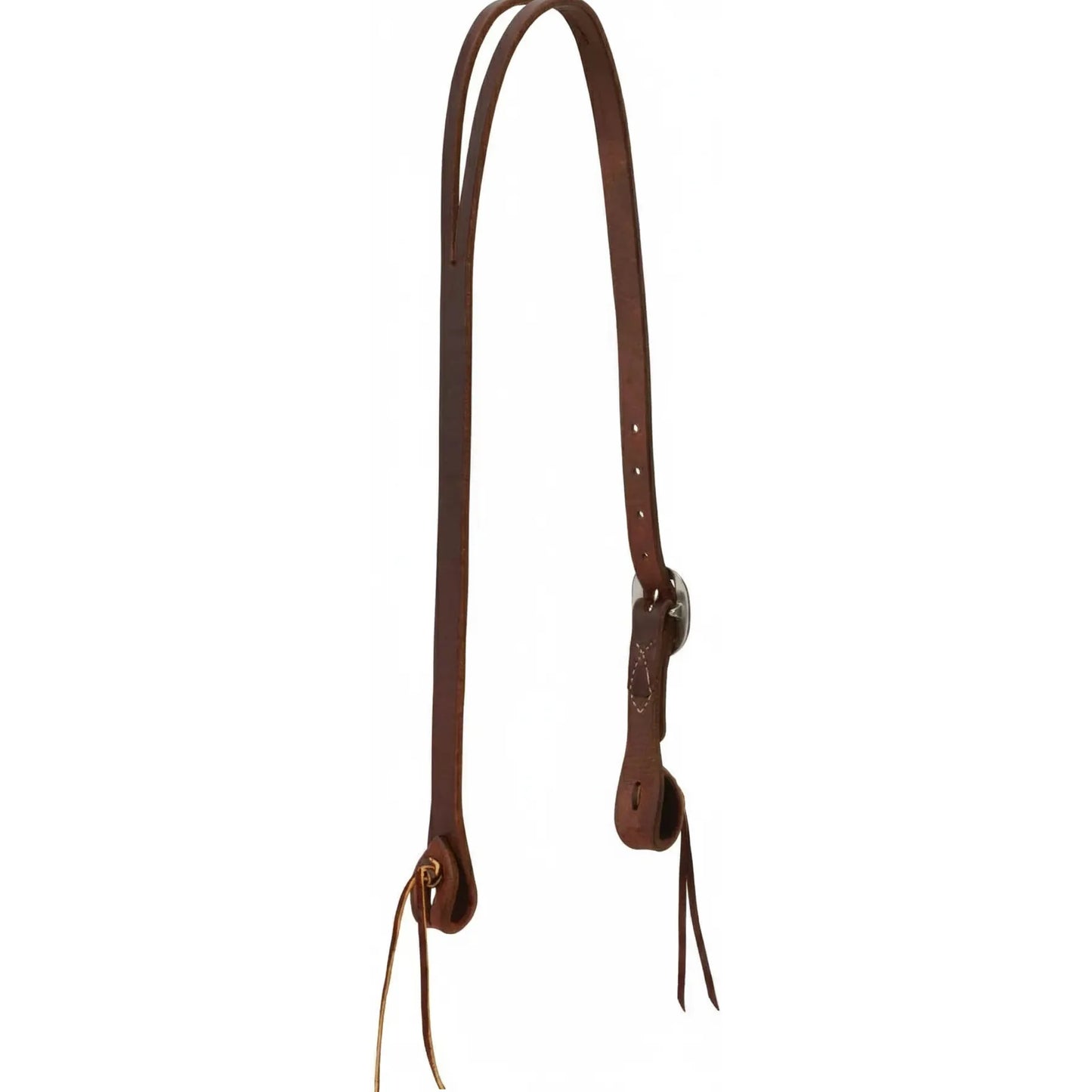 Weaver Leather Dark Brown Pineapple Knot Split Ear Headstall. Premium leather Western headstall featuring a single ear split and latigo pineapple knot ties at the bit ends for easy, tool-free bit changes. Includes a durable silver-tone buckle for adjustment. A perfect blend of traditional style and functional design for Western riding, ranch work, or trail riding.