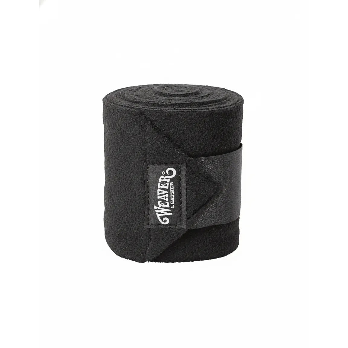 Weaver Leather black polo leg wrap made of soft, high-quality brushed pile fleece for superior horse leg support. This 4-1/2 inch by 9-foot equine bandage roll features a secure hook and loop fastener and a professional Weaver logo. Durable and protective horse tack designed to support tendons and ligaments during training, polo, or trail riding.