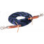 Durable Weaver Leather Poly Nylon Roper Reins in a stylish purple, hunter green, and black braided pattern. Measuring 3/8" x 8', these equestrian horse reins feature premium brown leather water loops with authentic rawhide ties and nickel-plated scissor snaps. Perfect high-performance western tack for roping, trail riding, and barrel racing, combining strength with a vibrant, professional look.