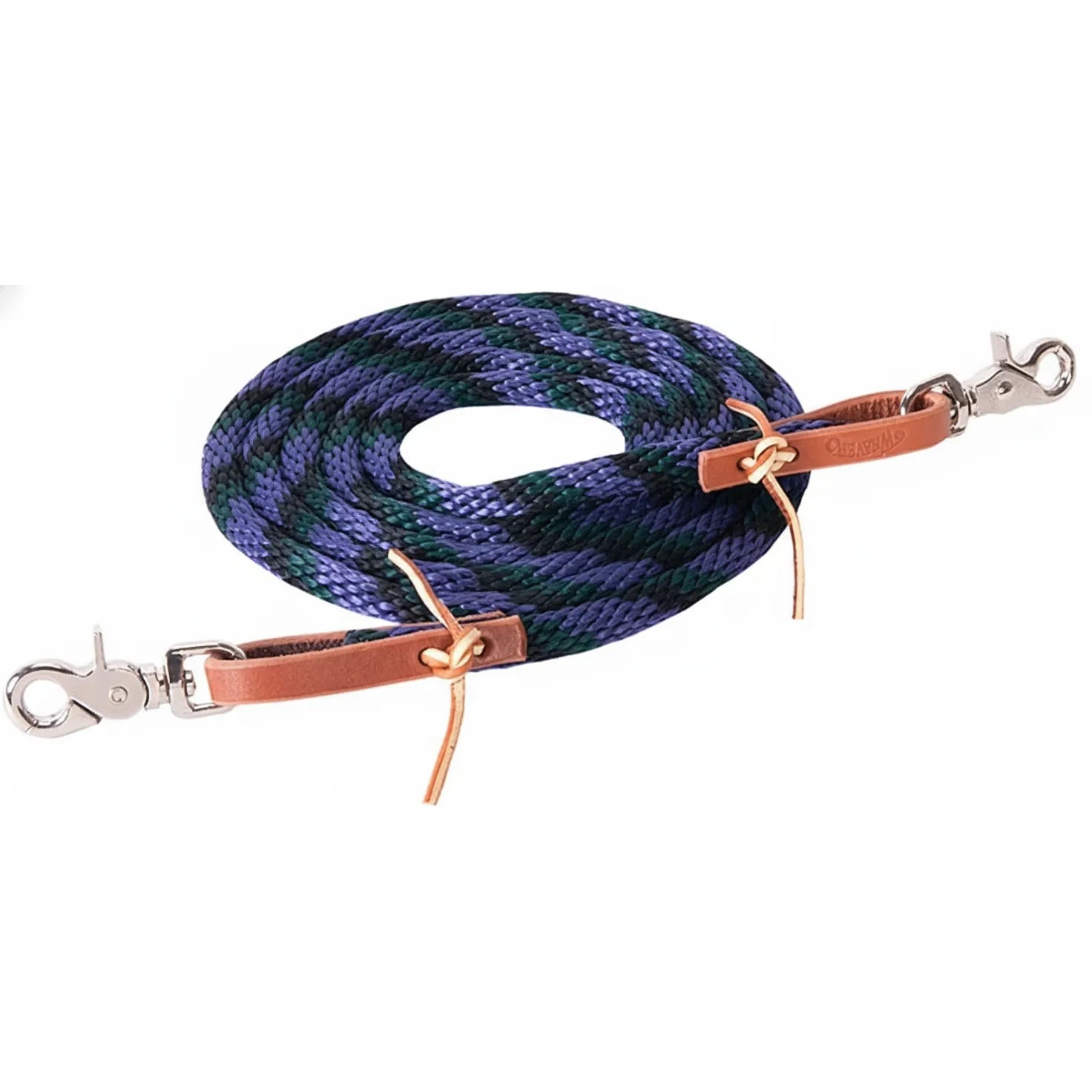 Durable Weaver Leather Poly Nylon Roper Reins in a stylish purple, hunter green, and black braided pattern. Measuring 3/8" x 8', these equestrian horse reins feature premium brown leather water loops with authentic rawhide ties and nickel-plated scissor snaps. Perfect high-performance western tack for roping, trail riding, and barrel racing, combining strength with a vibrant, professional look.