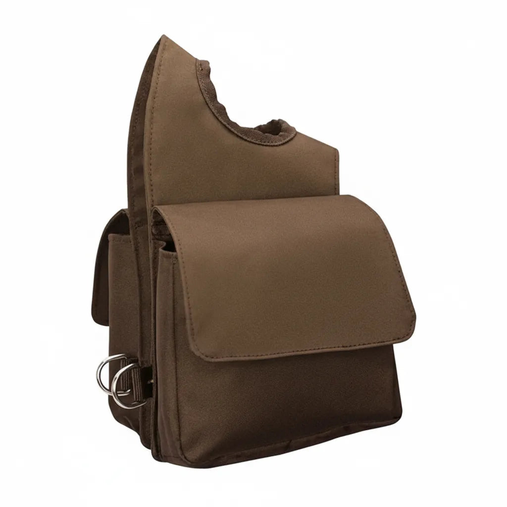 Brown Weaver Leather Pommel Horn Bag, a durable and compact trail riding saddle bag designed for quick access to essentials. This horse riding accessory features a large flap-closure pocket, metal D-rings, and a secure cutout to fit over a western saddle horn. Ideal for trail gear, snacks, or phones, this versatile brown gear bag measures 6 inches wide by 7.5 inches long, making it a must-have for every equestrian's trail riding equipment collection.