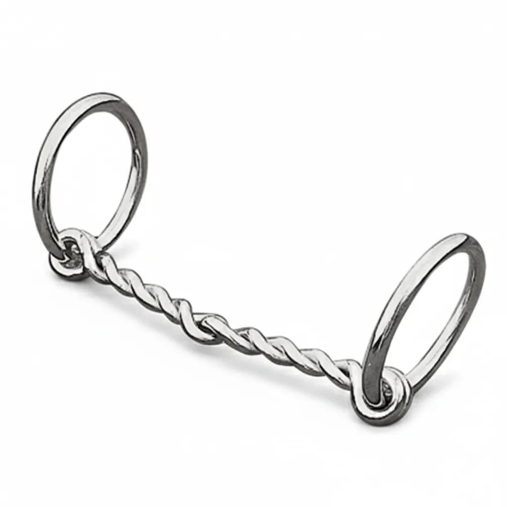 Weaver Leather Pony Bit featuring a 4-1/2 inch single twisted wire mouthpiece and 2-inch loose rings. This durable nickel-plated steel bit provides a polished silver look and enhanced control for training or pleasure riding. Essential horse tack for ponies, designed for clear communication and long-lasting performance in the show ring or on the trail.