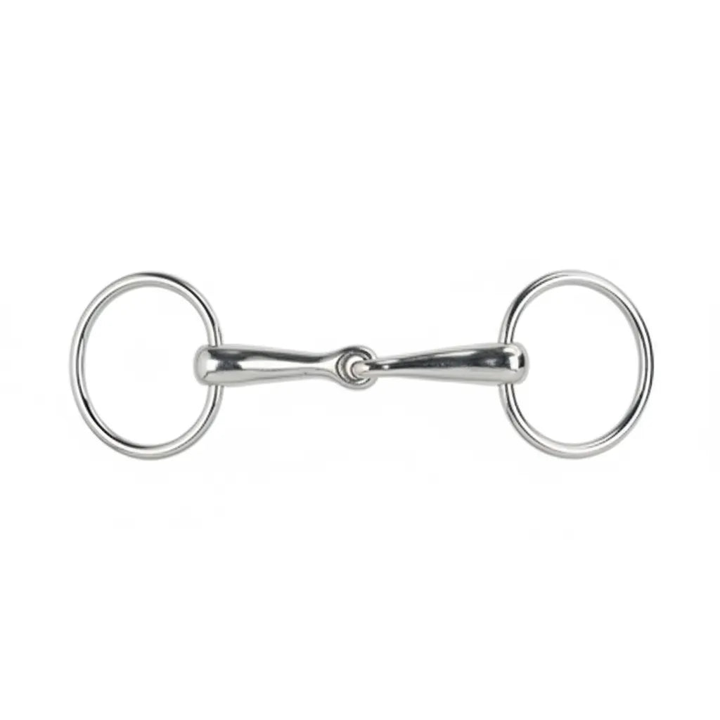 Weaver Leather Pony Snaffle Bit in polished nickel-plated steel. This classic single-jointed loose ring snaffle features a 4-inch mouthpiece and 1.75-inch rings, specifically designed for smaller pony proportions. Durable and sleek silver equestrian hardware, perfect for daily schooling, training, and pony horse tack collections.