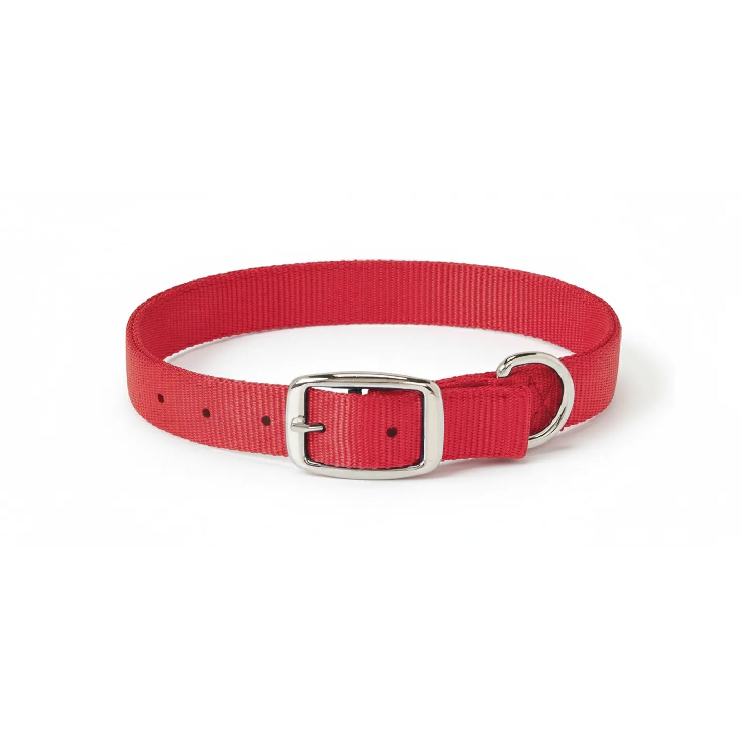 Weaver Leather Prism Classic Dog Collar in vibrant red, crafted from 1-inch wide doubled and stitched nylon for maximum durability. This heavy-duty pet collar features polished nickel-plated hardware, a secure metal buckle, and a reinforced D-ring for leash attachment. A stylish and functional choice for active medium to large dogs.
