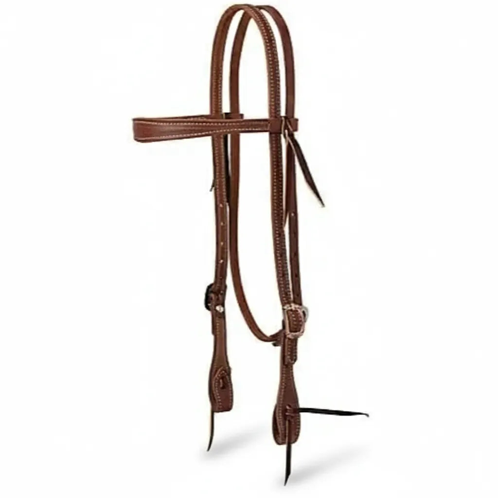 Weaver Leather ProTack Saltillo Center Slim Browband Headstall in rich, extra oiled brown leather. This durable western headstall features classic white contrast stitching and sturdy stainless steel hardware. A stylish and functional choice for everyday western riding, training, or working horse tack, designed for comfort and long-lasting performance.