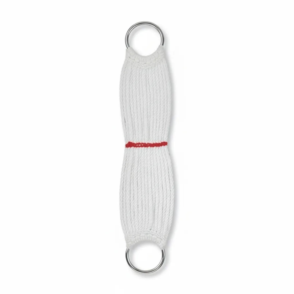 Weaver Leather 15-inch Rayon Pony Cinch featuring soft white cords and a vibrant red center accent. This essential piece of equestrian horse tack includes durable nickel-plated hardware rings for a secure fit. A stylish and functional choice for pony saddles, perfect for young riders and western or English riding disciplines.