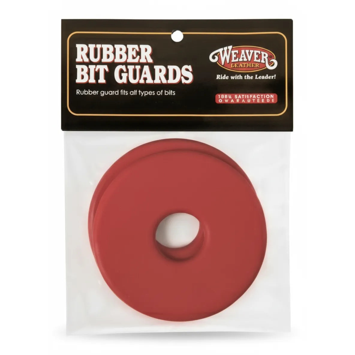Pair of Weaver Leather Red Rubber Horse Bit Guards in original packaging. These 3-1/2 inch diameter circular guards are designed to prevent pinching and chafing at the corners of a horse's mouth for maximum comfort. Durable and flexible, these red rubber rings fit all types of bits, making them an essential horse tack accessory for training and daily riding.