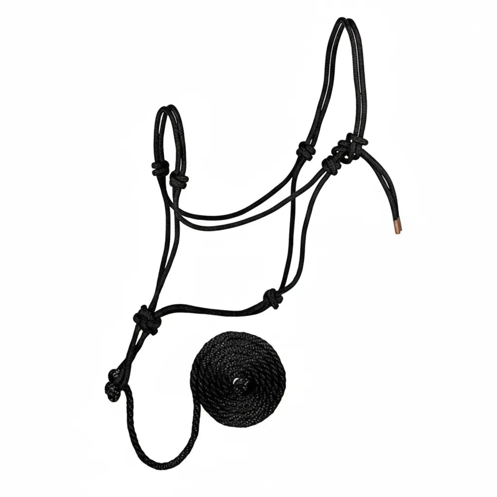 Weaver Leather black rope halter with matching 10' lead featuring a durable, no-break design. Crafted from high-quality poly rope, this training halter set uses strategic knots for effective communication and natural horsemanship. This heavy-duty, one-piece construction ensures maximum strength and reliability. Ideal horse tack for training, ground work, and everyday use, providing a sleek and professional look for any equestrian.