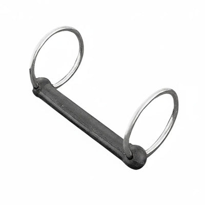 Weaver Leather Rubber Mouth Bit featuring a thick, black rubber-coated straight mullen mouthpiece and polished stainless steel rings. This 6-inch equestrian bit is designed for gentle communication and horse comfort, making it a versatile choice for various riding disciplines. High-quality horse tack and training equipment for sensitive horses.