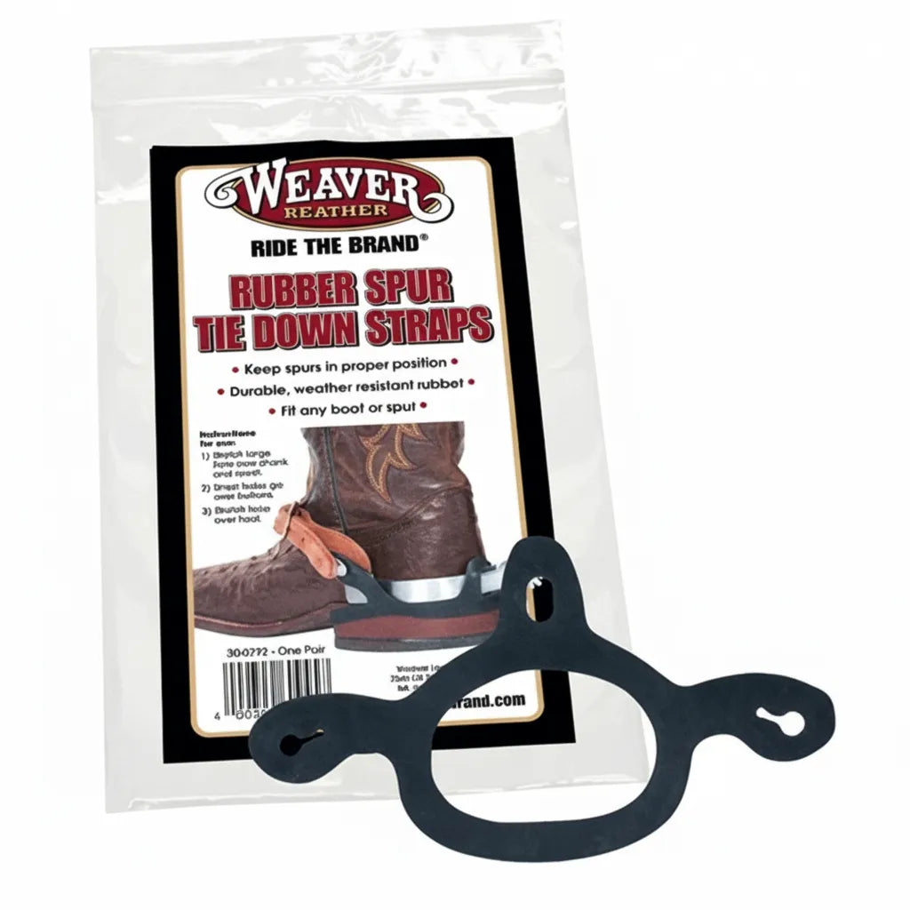 Weaver Leather Rubber Spur Tie Down Straps featuring a black, durable, weather-resistant rubber design to keep spurs in the proper position. The product is shown in its original packaging next to a single strap, with a demonstration graphic on a brown leather cowboy boot. These essential equestrian accessories fit any boot or spur, providing a secure and stable fit for western riding enthusiasts and professional horsemen.