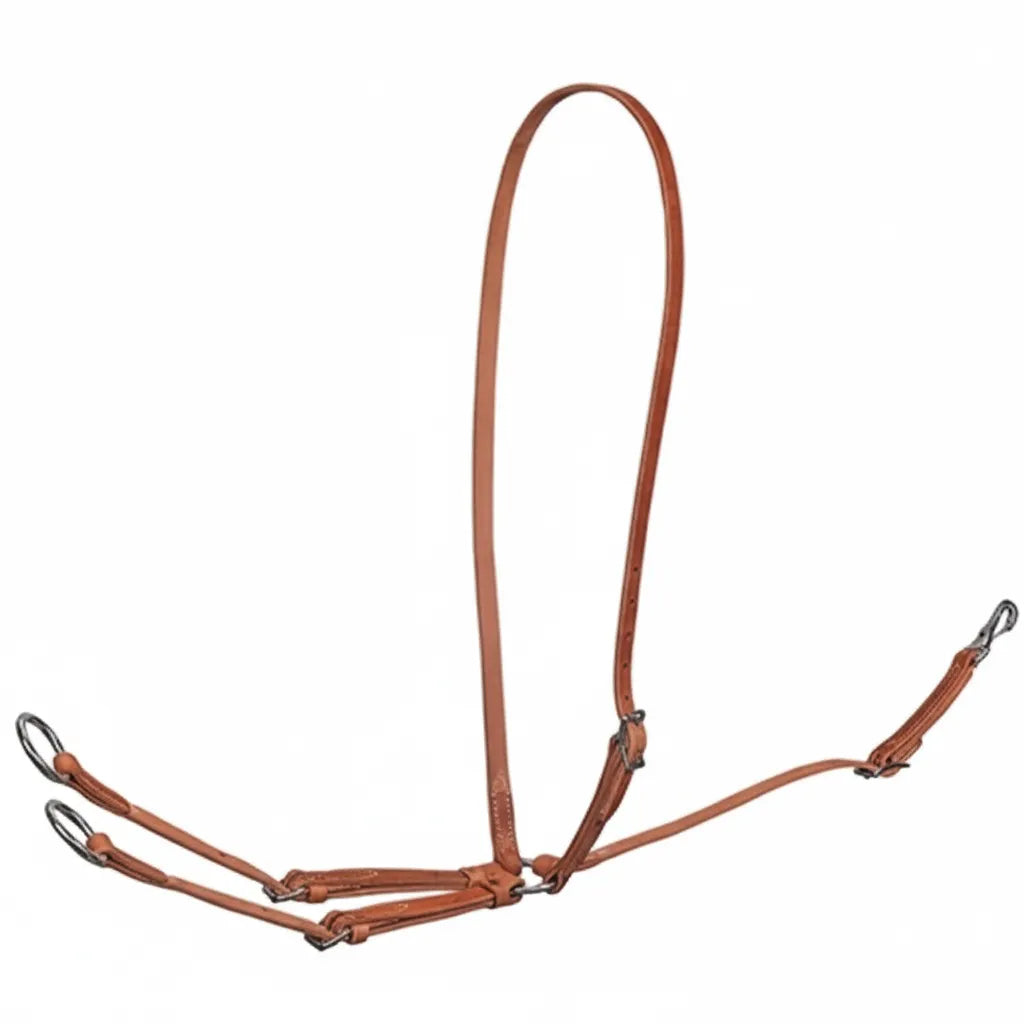 Weaver Leather Running Martingale crafted from premium 3/4" Hermann Oak russet harness leather. This essential western horse training tack features large 1-3/4" rings, an adjustable neck strap, and a heavy-duty snap for easy cinch attachment. The durable russet leather finish offers a professional look for riders. Perfect for schooling or performance, this martingale provides control and helps maintain proper head carriage for your horse.