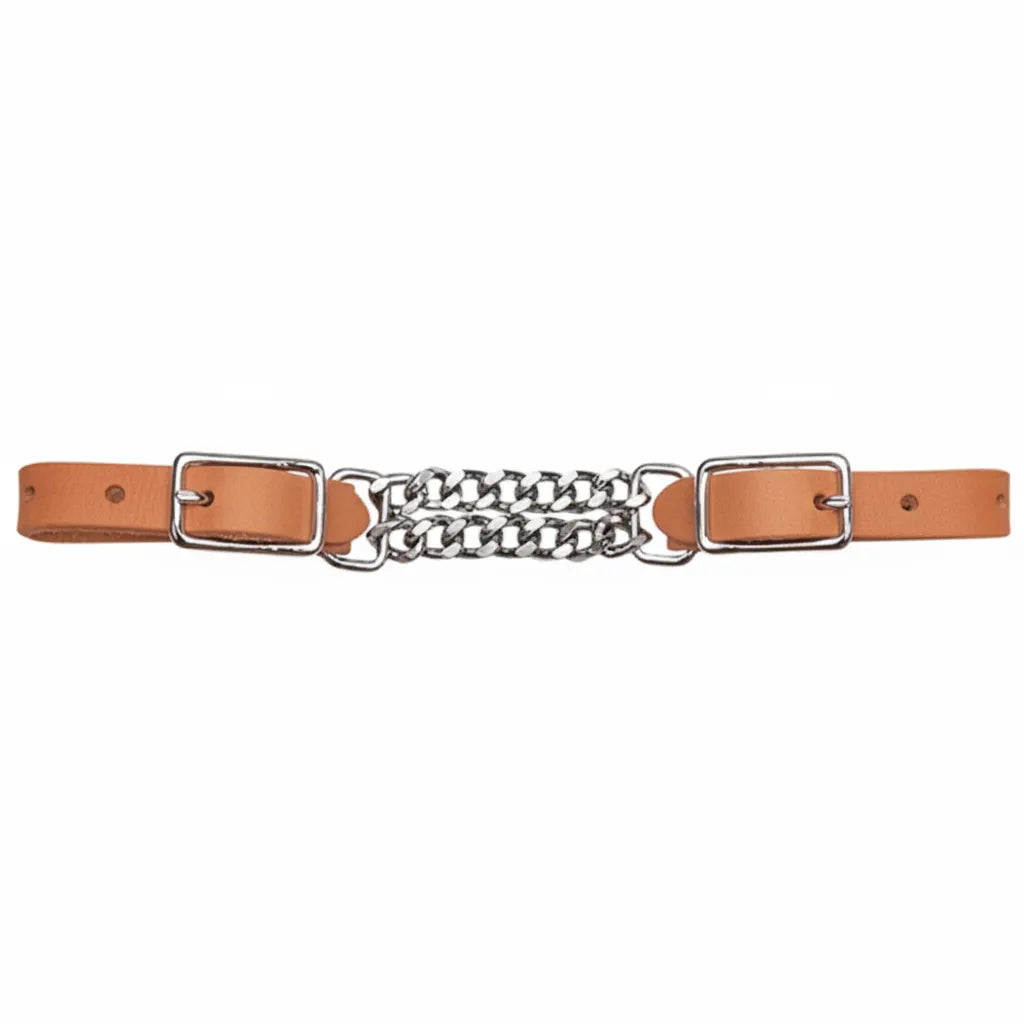 Weaver Leather Russet Harness Leather Curb Strap featuring a durable 3-1/2" double flat link chain and polished nickel plated buckles. This essential western horse tack accessory is crafted from high-quality tan leather for long-lasting performance and control. Ideal for riders seeking a secure and stylish bit attachment for their equestrian equipment.