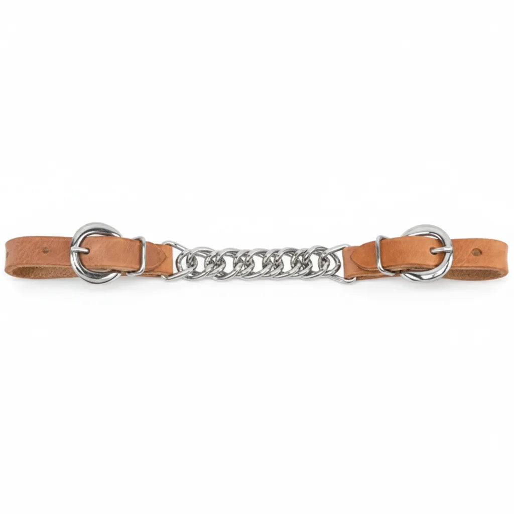 Weaver Leather 5/8" Russet Harness Leather Curb Strap featuring a 4-1/2" flat single link chain and durable nickel-plated hardware. This adjustable horse tack accessory is designed for precision and durability in the show ring or on the trail. Classic tan leather with a polished metal chain link center.