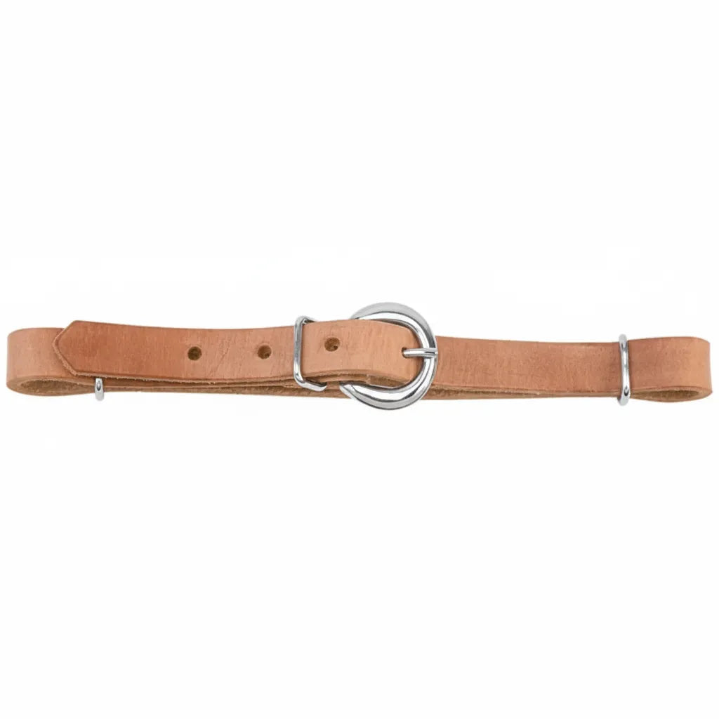 Weaver Leather 5/8" russet harness leather curb strap featuring a durable tan finish and adjustable nickel-plated buckle hardware. This essential piece of Western horse tack provides precise control and a secure fit for your bit. Perfect for riders looking for high-quality, professional-grade equestrian gear with classic style.