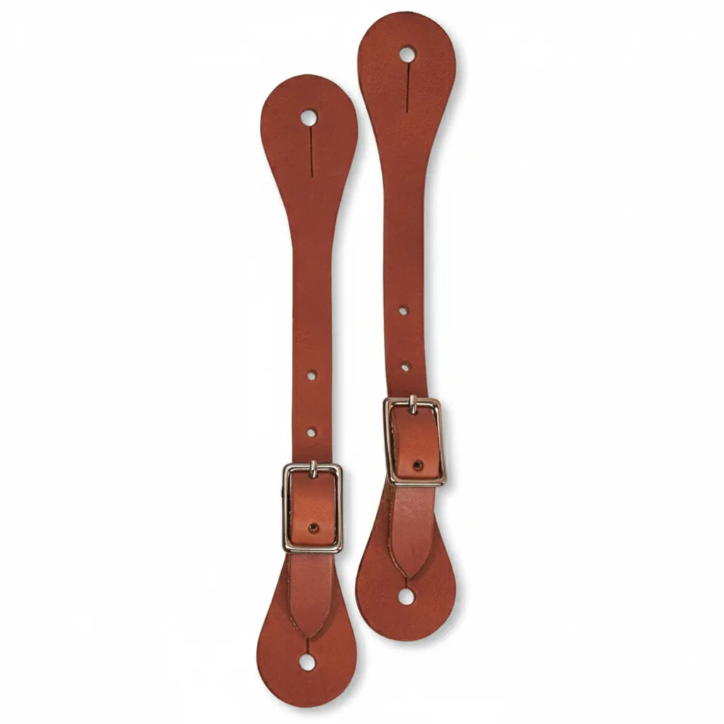 Weaver Leather Russet Harness Leather Spur Straps featuring durable, reddish-brown leather and shiny nickel-plated buckles. Sized for youth and ladies, these adjustable western spur straps offer a classic look for equestrian riders. The teardrop ends with precut holes ensure a secure fit on western boots, making them essential horse tack for riding and competition.