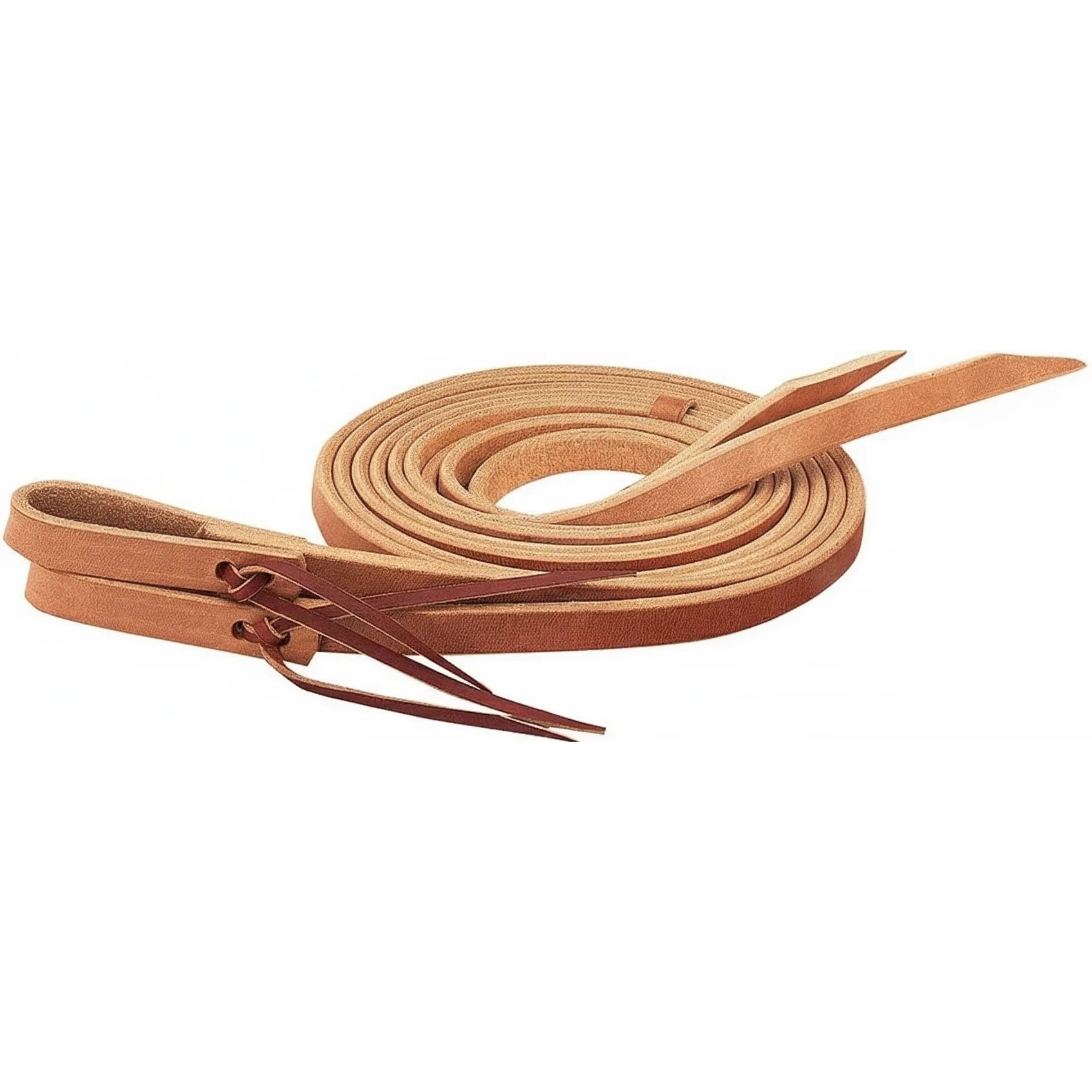 Weaver Leather Hermann Oak harness leather split reins in classic russet. These extra-heavy, single-ply western horse reins feature water loops with tie ends for secure bit attachment. Perfect for ranch work, training, or trail riding, this high-quality equestrian tack offers a weighted feel and superior durability. A must-have for any horse rider looking for professional-grade leather reins.