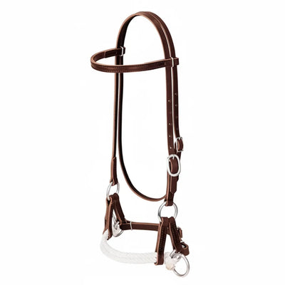 Weaver Leather Side Pull horse bridle crafted from premium burgundy latigo leather with a white double rope noseband and sleek nickel-plated hardware. This bitless training headstall features an adjustable browband and throatlatch for a secure fit. A high-quality western tack essential for gentle control during training or trail riding, offering both durability and classic style for your horse.