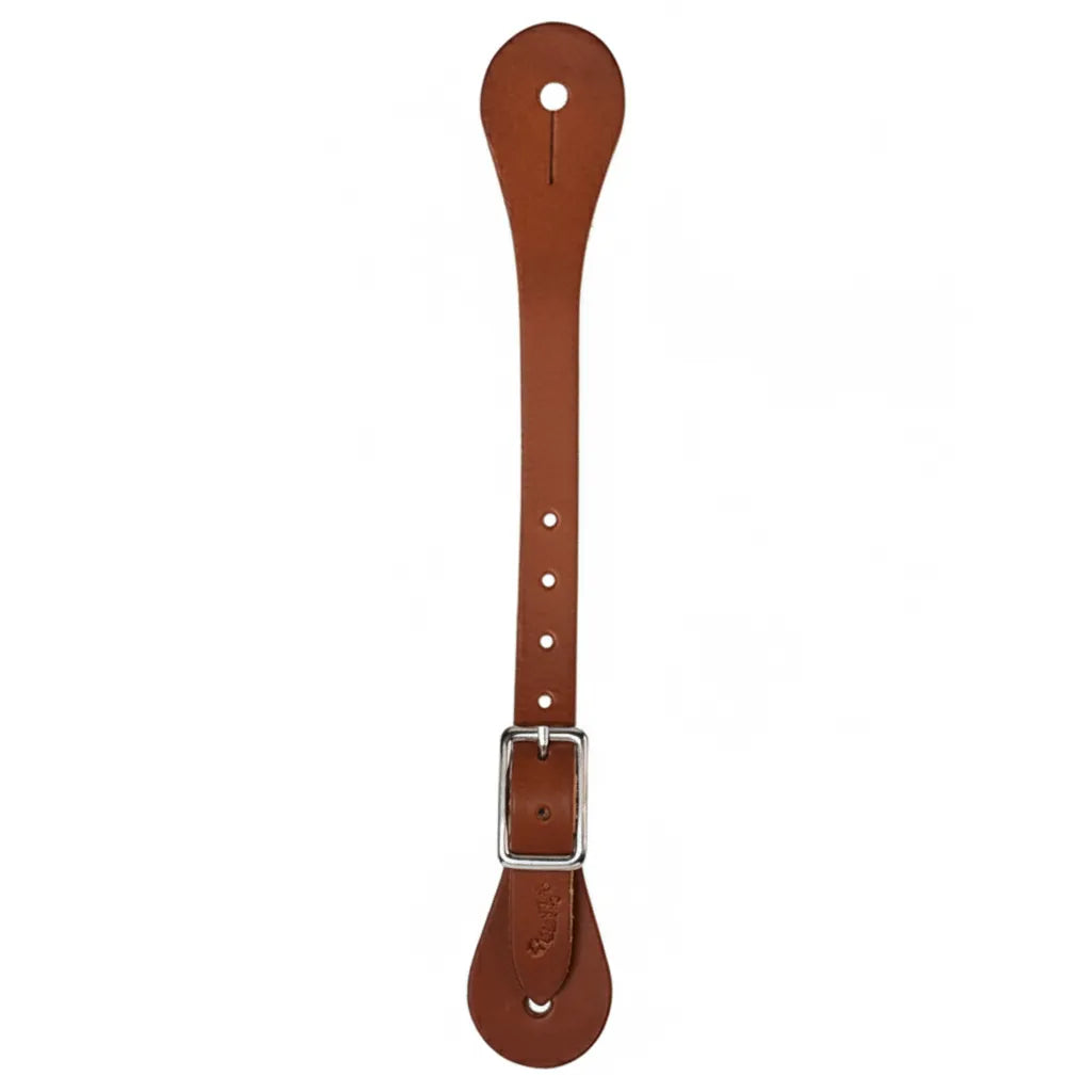 Weaver Leather Single-Ply Brown Latigo Leather Spur Straps for adults, featuring high-quality brown leather and a polished silver nickel buckle for an adjustable fit. These durable, single-ply western horse tack straps are designed with classic teardrop ends and pre-punched holes for secure attachment to spurs. Ideal for barrel racing, trail riding, or daily training, this professional-grade equestrian gear adds a timeless look to any western boot.