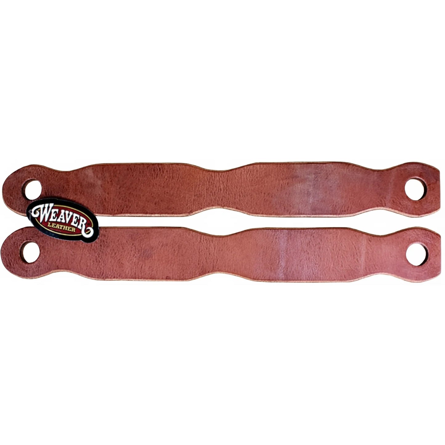 Pair of Weaver Leather Single-Ply Russet Harness Leather Slobber Straps featuring a contoured shape and pre-cut 3/4" holes for easy bit attachment. These durable, high-quality leather straps are essential western horse tack for training and everyday riding. Professional-grade russet leather gear perfect for a classic bridle setup. Reliable equestrian equipment from a trusted brand.
