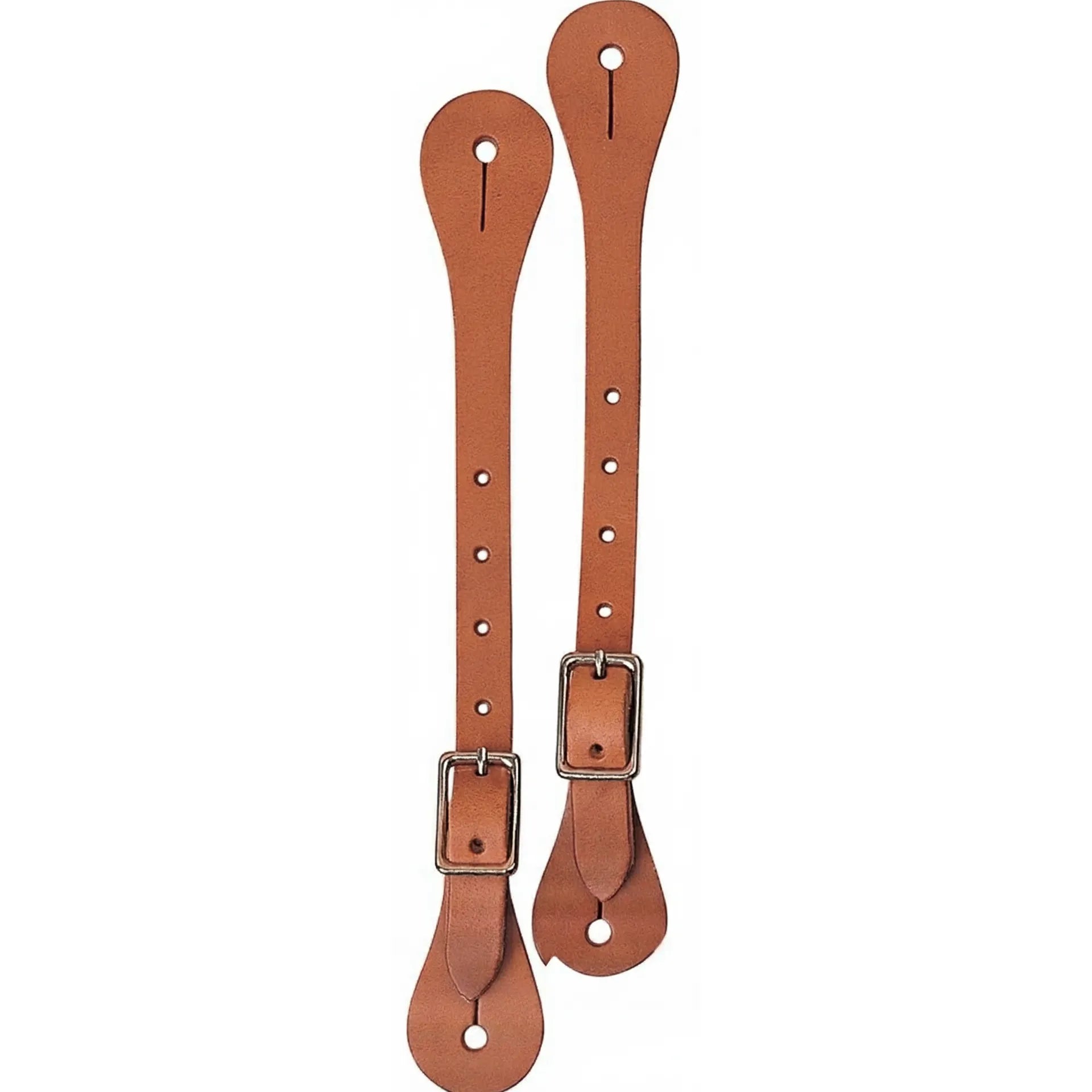 Weaver Leather single-ply spur straps crafted from premium harness leather in a rich chestnut brown. These durable Western riding accessories feature classic nickel-plated buckles and multiple adjustment holes for a secure, custom fit on cowboy boots. Designed with traditional teardrop ends for easy attachment, these high-quality, American-made leather straps are essential equestrian gear for daily ranch work, trail riding, or horse show competition.