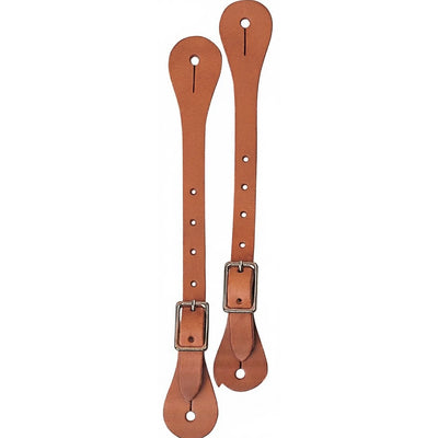 Weaver Leather single-ply spur straps crafted from premium harness leather in a rich chestnut brown. These durable Western riding accessories feature classic nickel-plated buckles and multiple adjustment holes for a secure, custom fit on cowboy boots. Designed with traditional teardrop ends for easy attachment, these high-quality, American-made leather straps are essential equestrian gear for daily ranch work, trail riding, or horse show competition.
