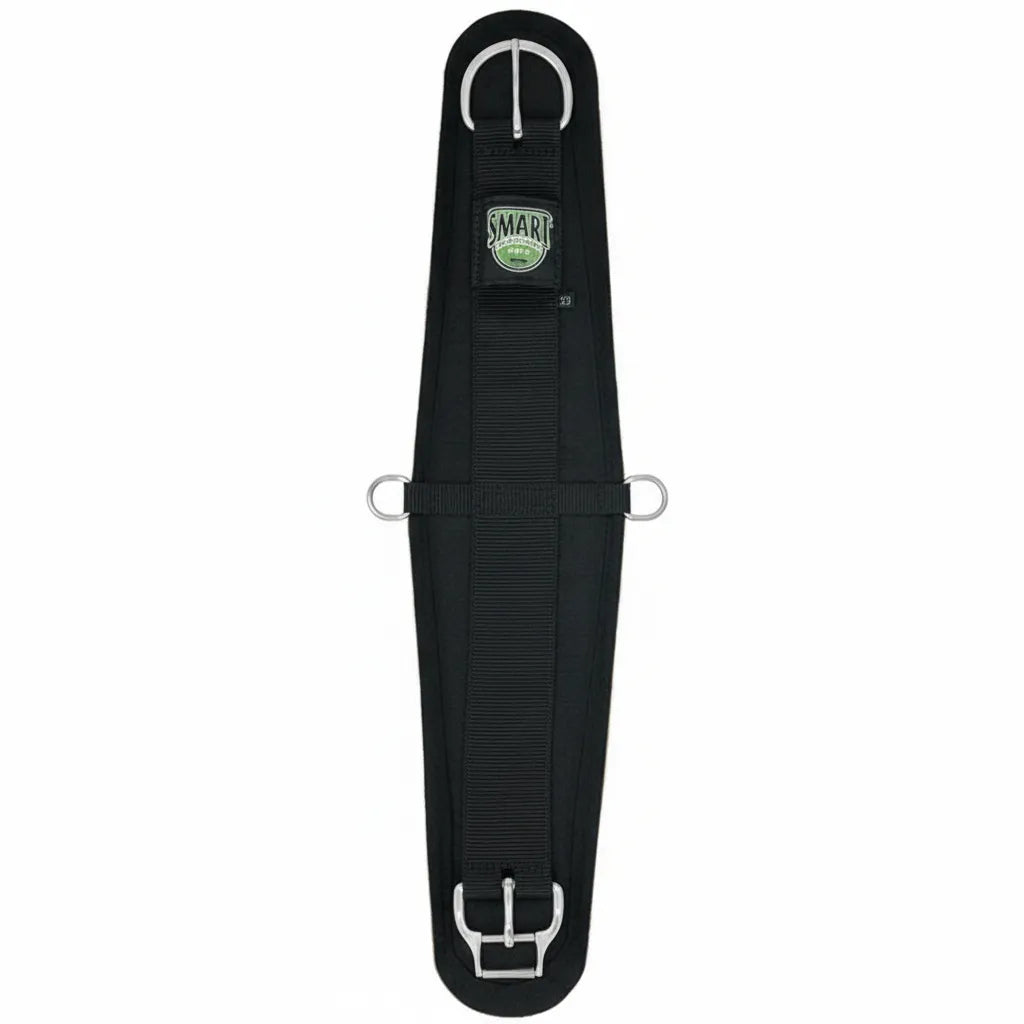 Weaver Leather Smart Cinch with black poly webbing and a thick 1/2" black felt backer for maximum horse comfort. This Western horse cinch features the patented stainless steel Roll Snug buckle for easy tightening, two center D-rings for breast collar or back cinch attachments, and high-quality construction. Durable equestrian tack perfect for trail riding or performance, providing a secure and comfortable fit for your horse.