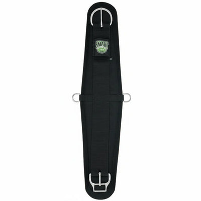 Weaver Leather Smart Cinch with black poly webbing and a thick 1/2" black felt backer for maximum horse comfort. This Western horse cinch features the patented stainless steel Roll Snug buckle for easy tightening, two center D-rings for breast collar or back cinch attachments, and high-quality construction. Durable equestrian tack perfect for trail riding or performance, providing a secure and comfortable fit for your horse.