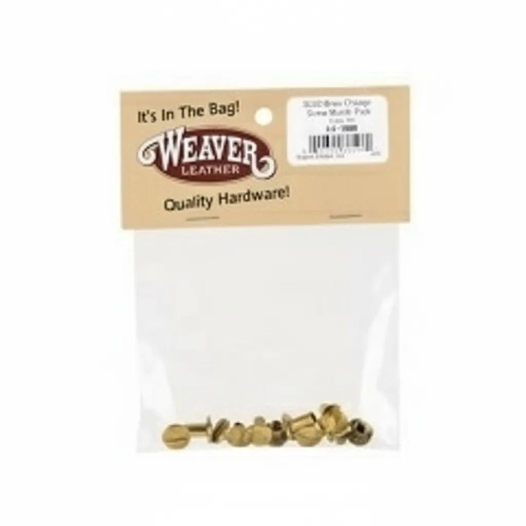 Weaver Leather Solid Brass Chicago Screws 6-Pack multi-pack featuring 1/4" and 3/8" posts. Essential high-quality brass hardware for leather crafting projects like belts, holsters, and straps. These professional-grade fasteners are packaged in a clear bag with a brown Weaver Leather "Quality Hardware!" header, perfect for DIY leatherwork, repairs, and handmade accessories.