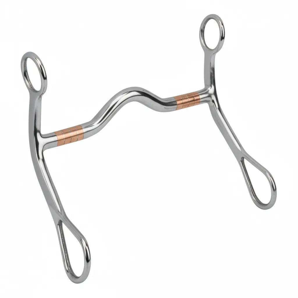 Weaver Leather Stainless Steel Curb Bit for horses, featuring a 6.5-inch mouth with decorative copper inlays and a medium port. This western horse bit has 6-inch swept-back cheeks and a polished finish. High-quality equestrian equipment designed for clear communication and control. Perfect for horse training, showing, or western riding.