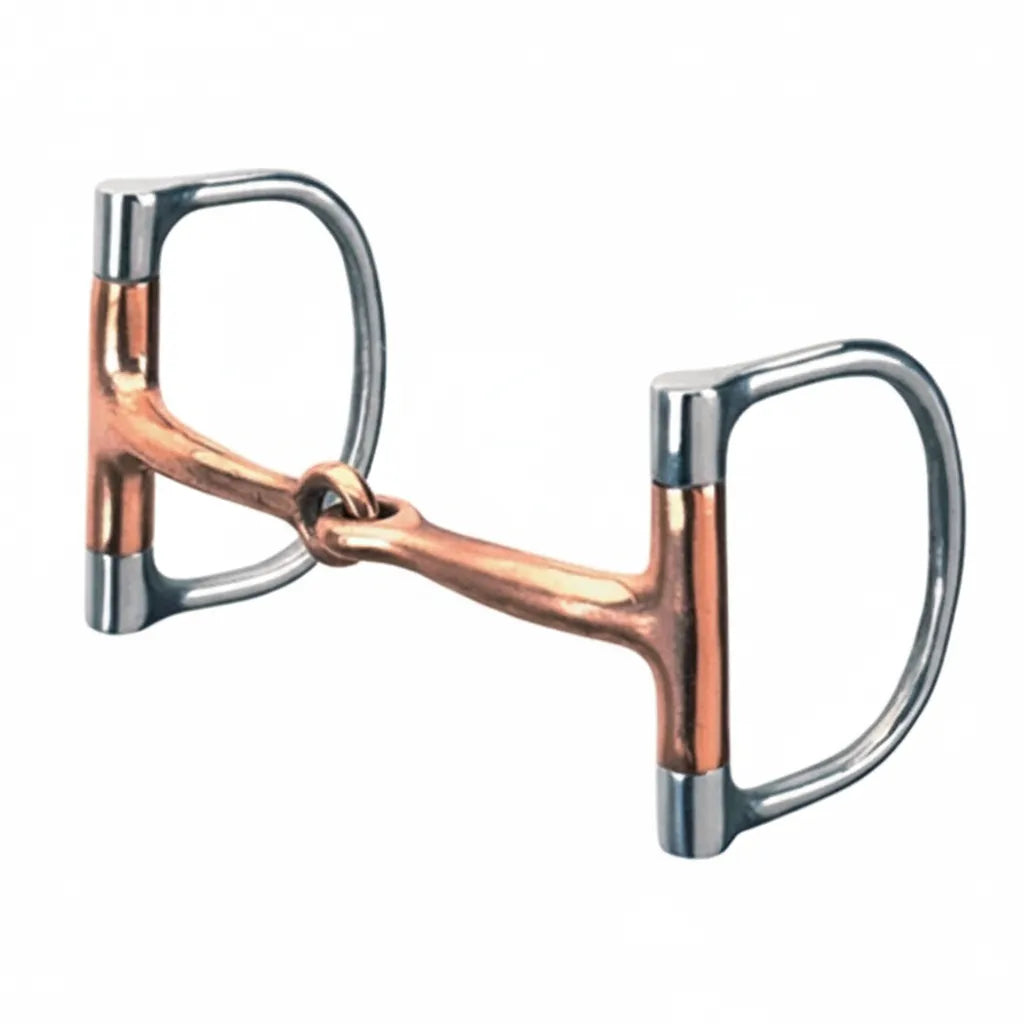 Weaver Leather Stainless Steel Dee Bit with a 5-inch copper-plated single-jointed mouthpiece and 2-7/8 inch rings. This horse snaffle bit features fixed cheekpieces to prevent pinching, while the copper promotes salivation and relaxation for a softer mouth. A durable, high-quality piece of equestrian hardware ideal for training or everyday riding, offering a polished look for any horse bridle.