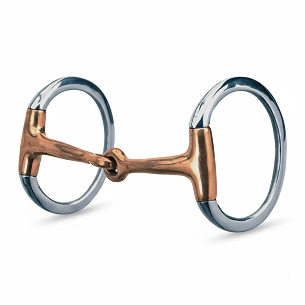 Weaver Leather Stainless Steel Eggbutt Snaffle Bit featuring 2-3/4 inch rings and a 4.5 inch copper-plated mouthpiece. This single-jointed horse bit is designed to prevent pinching and encourage salivation for better bit acceptance. A durable and classic choice for English riding and horse training, combining shiny stainless steel with a warm copper finish.