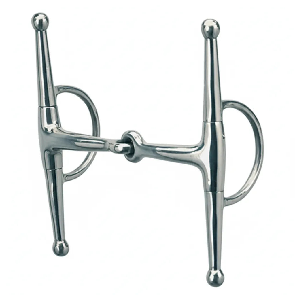 Weaver Leather Stainless Steel Full Cheek Eggbutt Snaffle Bit with a 5" jointed mouthpiece. This polished silver horse bit features long full cheeks with ball ends for lateral guidance and eggbutt-style rings to prevent pinching. Durable, high-quality equestrian tack ideal for training and English riding. Sleek design for precise communication and control between horse and rider.