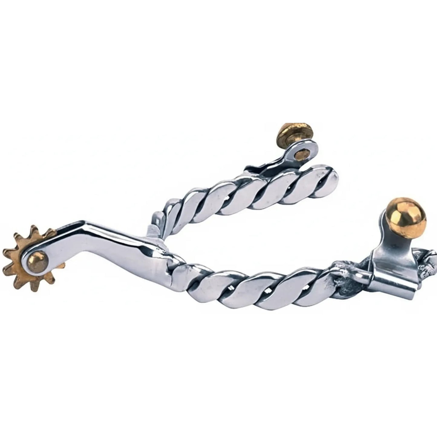 Weaver Leather Stainless Steel Roping Spurs with a unique twisted rope-pattern 1/2" band and polished finish. These high-quality Western spurs feature a 1-3/4" shank and a 10-point brass rowel for effective cues. Perfect for roping and performance riding, the durable design includes brass buttons for strap attachment, making them an essential addition to any equestrian's tack collection.