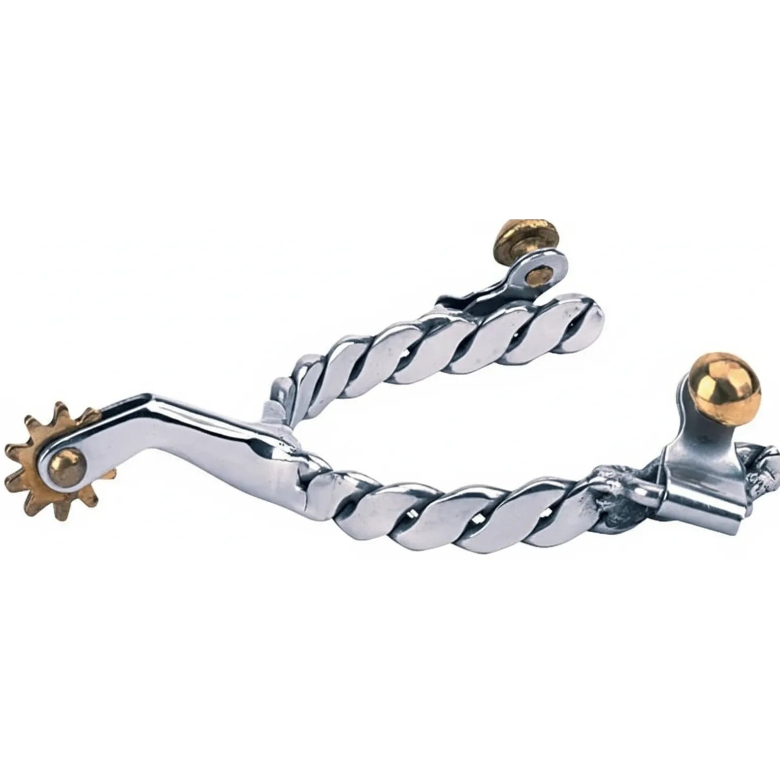 Weaver Leather Stainless Steel Roping Spurs with a unique twisted rope-pattern 1/2" band and polished finish. These high-quality Western spurs feature a 1-3/4" shank and a 10-point brass rowel for effective cues. Perfect for roping and performance riding, the durable design includes brass buttons for strap attachment, making them an essential addition to any equestrian's tack collection.