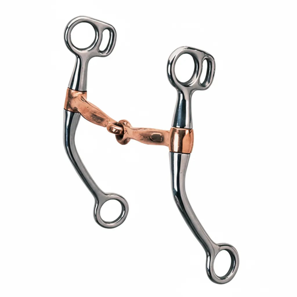 Weaver Leather Stainless Steel Tom Thumb Bit with a 5" jointed copper mouth and 6.5" curved cheeks. This high-quality western horse bit combines durable stainless steel shanks with a copper mouthpiece designed to encourage salivation and relaxation. Ideal for training and everyday riding, this responsive bit is a staple for any equestrian’s tack room.