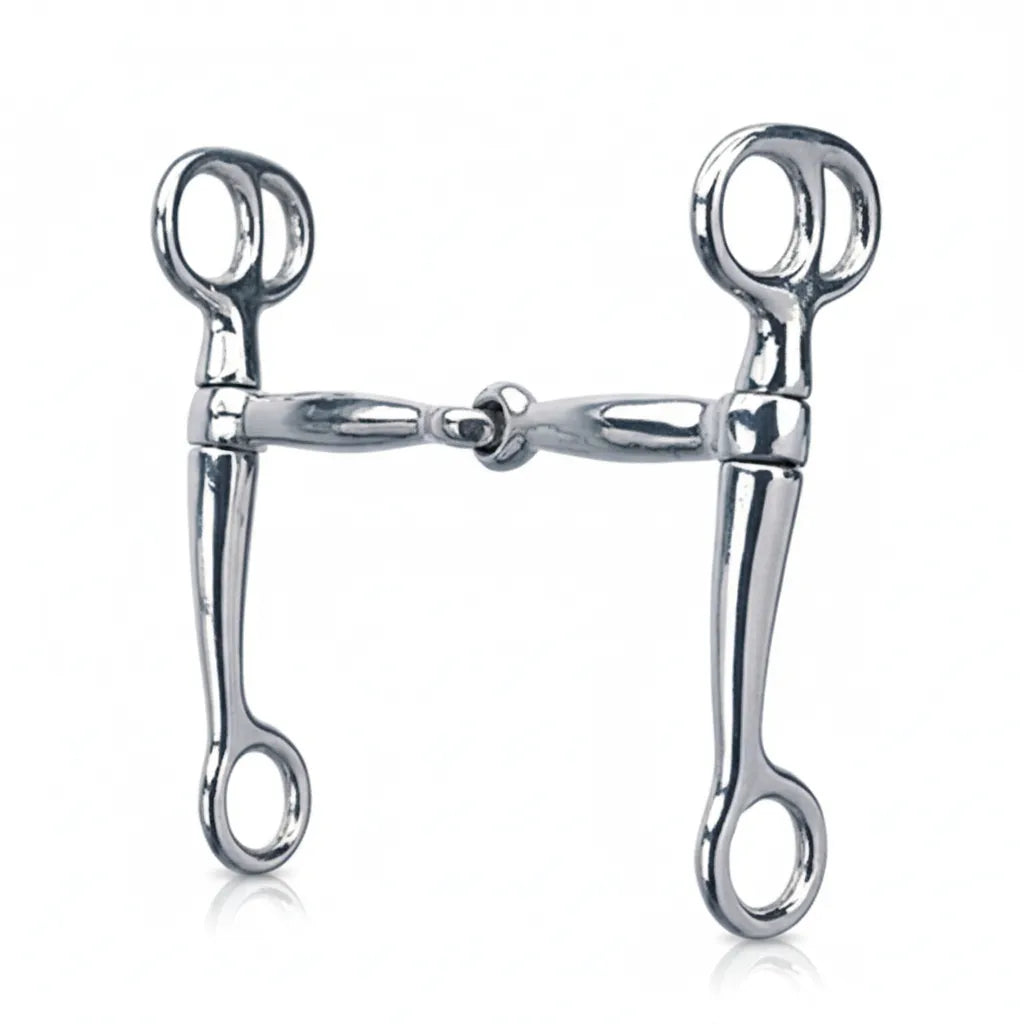 Polished Weaver Leather Stainless Steel Tom Thumb Snaffle Bit with a 5" jointed mouthpiece and 6.5" cheeks. This high-quality horse bit features double loops on the upper shanks for headstall and curb strap attachment, offering gentle leverage and clear cues. A durable, corrosion-resistant essential for western horse tack collections, perfect for riders seeking a transitional training bit.