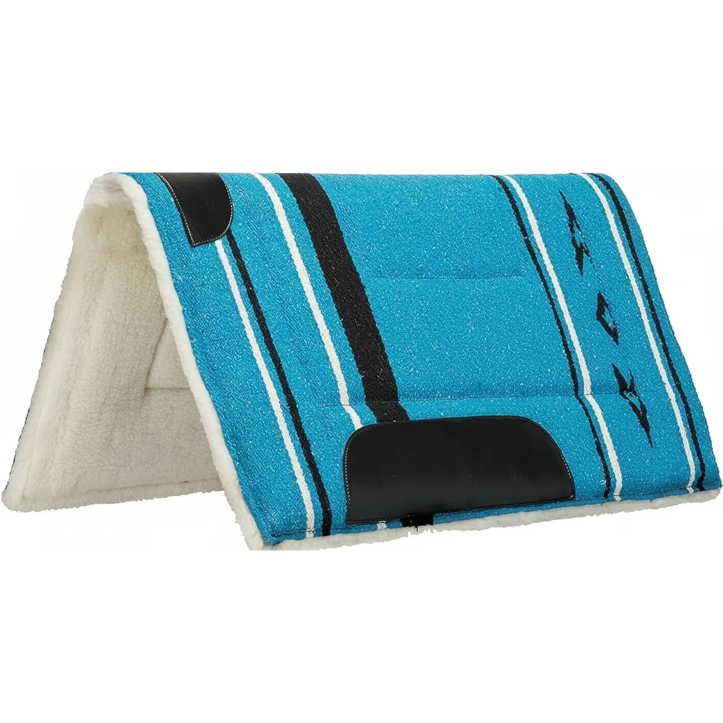 Weaver Leather Straight Acrylic Saddle Pad in bright blue with black and white stripes. This 22" x 22" western pony pad features a moisture-wicking white fleece lining, shock-absorbing padding, and durable black leather wear patches for maximum comfort and style during horse riding.