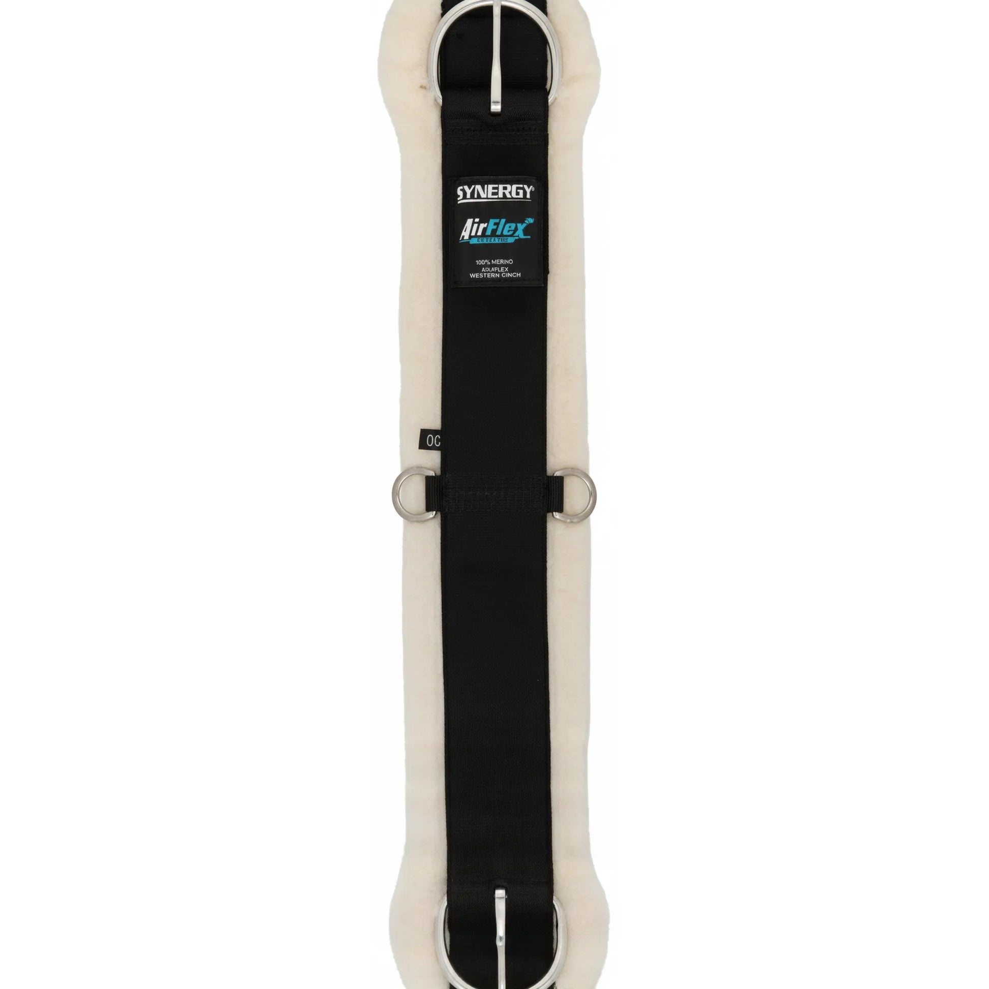 Weaver Leather Synergy Airflex Straight Western Cinch with black webbing and 100% Merino wool fleece lining. Features include stainless steel Roll Snug buckles for easy tightening and center D-rings for attachments. This breathable equestrian girth uses AirFlex technology to prevent heat buildup and chafing, ensuring maximum comfort for your horse during western riding. Durable, high-quality saddle cinch ideal for performance or trail riding.