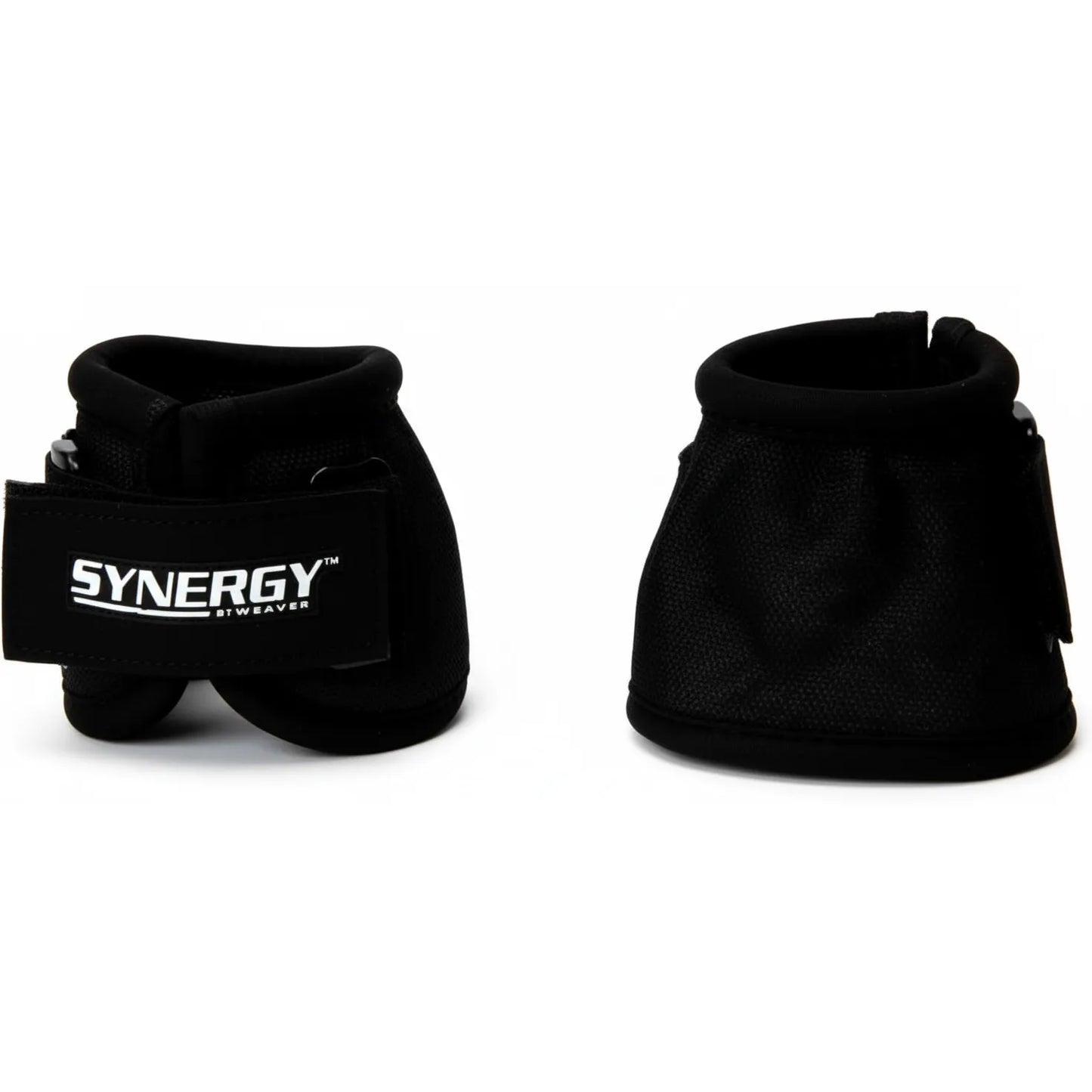 Pair of Weaver Leather Synergy Bell Boots in black, size medium. These high-performance horse boots are constructed from tough 2520D ballistic nylon and feature an Xtended Life hook-and-loop closure for maximum security. The sleek design showcases the white Synergy by Weaver logo, offering essential hoof and heel protection against overreaching. Ideal for equestrian training, performance, and everyday durability.